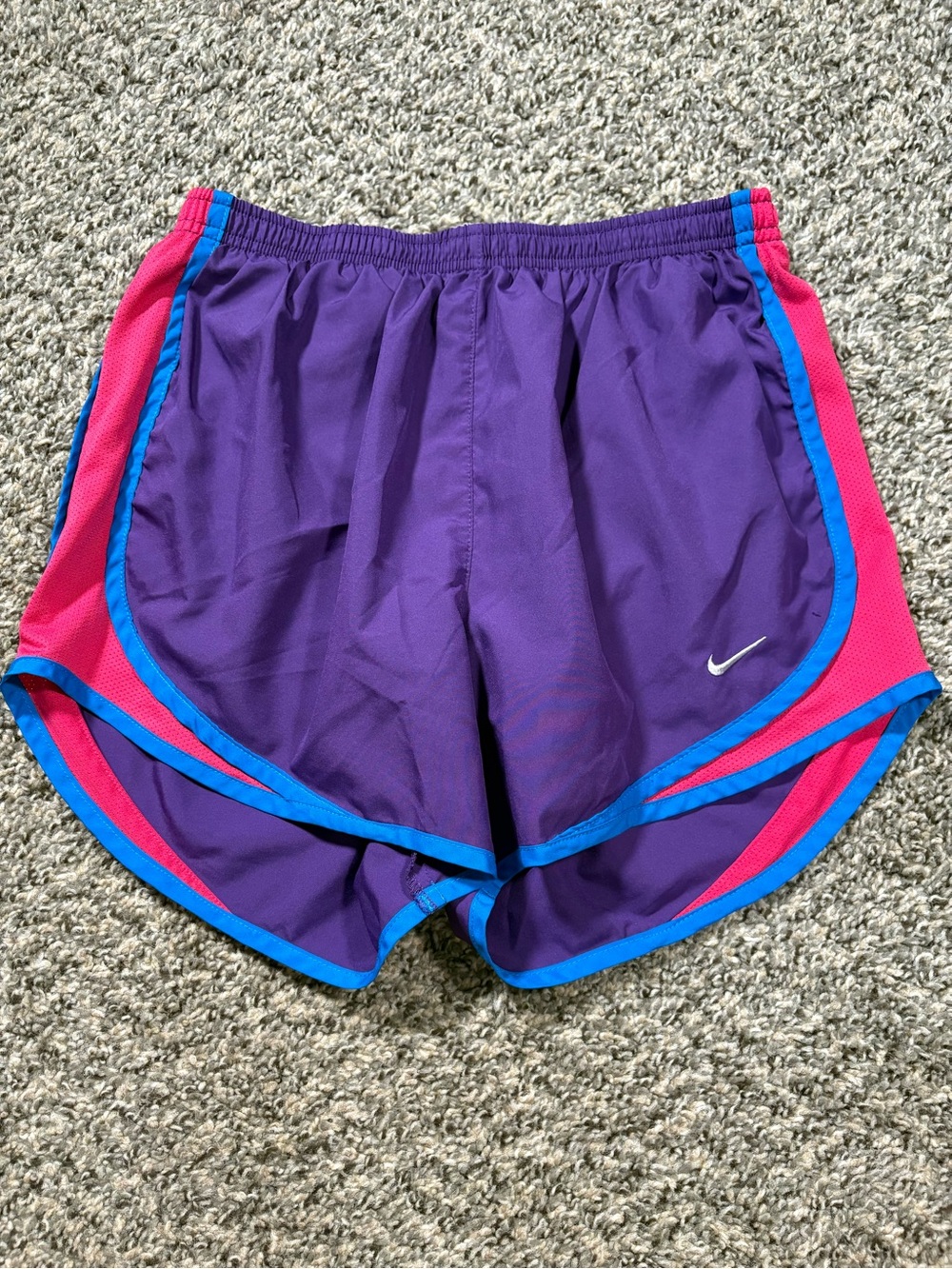 Nike Women's Purple Shorts with Pink Panels and Blue Trim